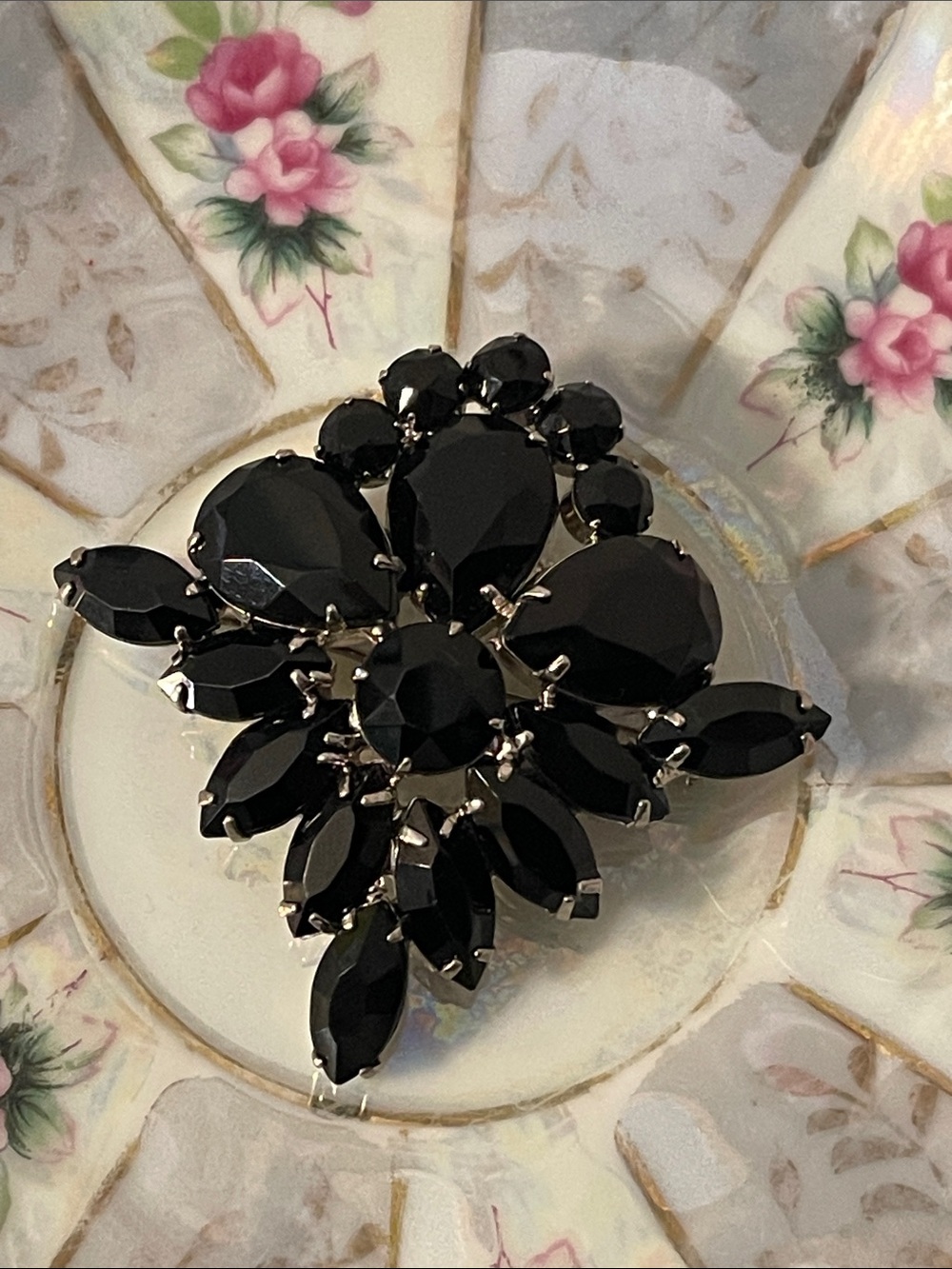 Vintage High End Jet Black Glass Rhinestone Cluster Brooch